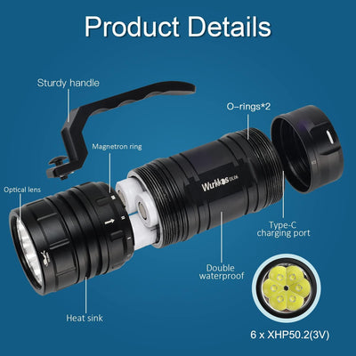 Wurkkos DL06 Tauchlampe, 15000 Lumen Tauchen Taschenlampe Wiederaufladbar, 6* XHP50.2 LEDs Unterwass