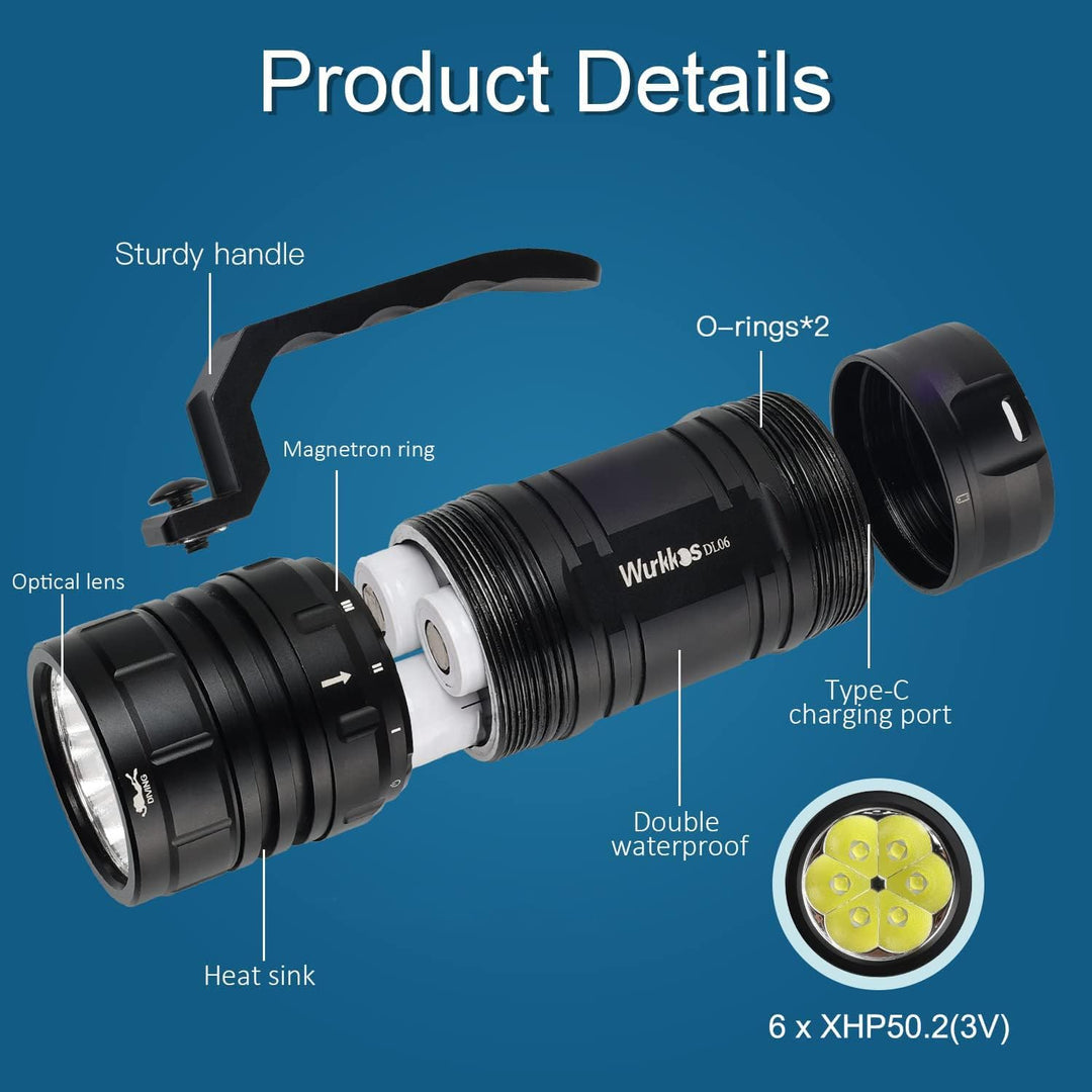 Wurkkos DL06 Tauchlampe, 15000 Lumen Tauchen Taschenlampe Wiederaufladbar, 6* XHP50.2 LEDs Unterwass