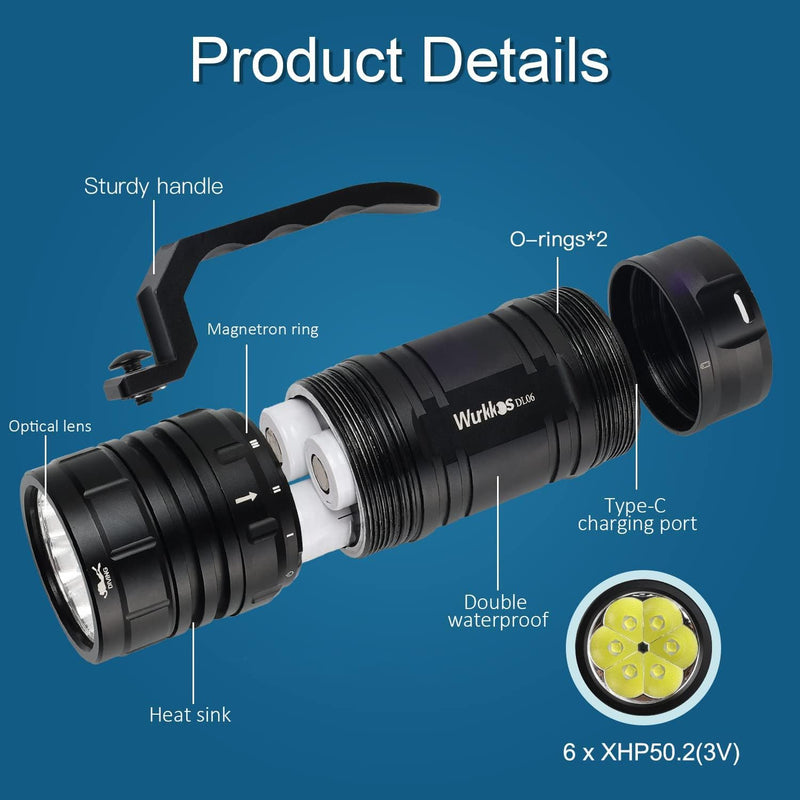 Wurkkos DL06 Tauchlampe, 15000 Lumen Tauchen Taschenlampe Wiederaufladbar, 6* XHP50.2 LEDs Unterwass