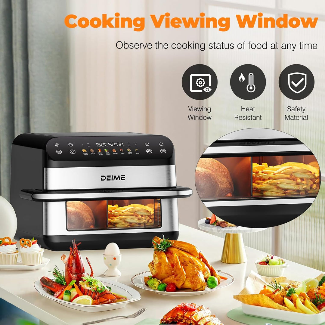 DEIME Dual Zone Air 10L Double 2400W Large Capacity Oven Air Fryers Healthy Cooker with 8 Preset, La
