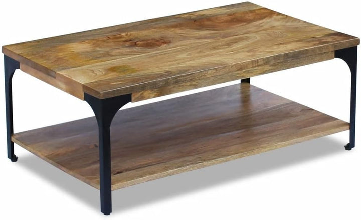 Festnight Couchtisch Kaffeetisch Sofatisch Mangoholz Stahlrahmen Beistelltisch mit Ablagefach zur Au