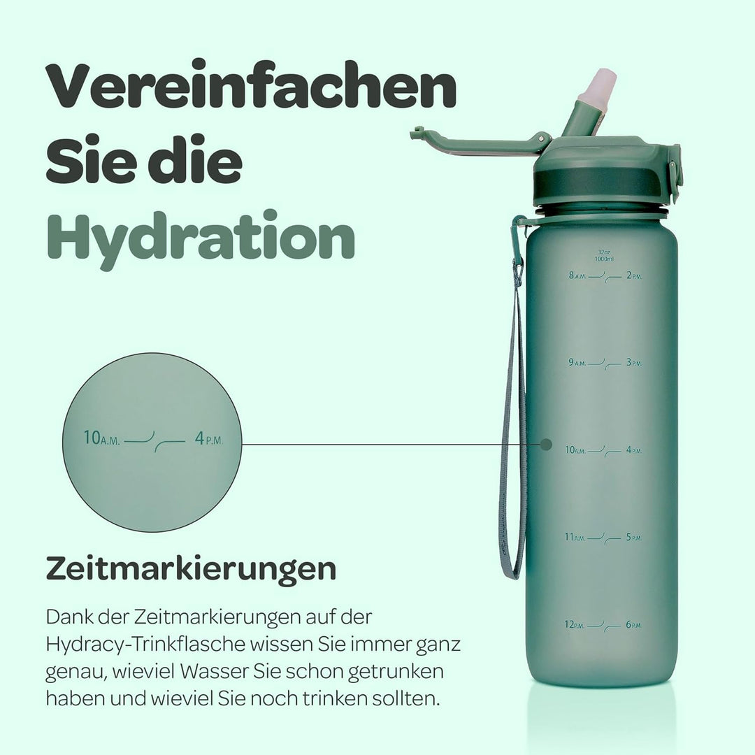 Hydracy Trinkflasche mit Strohhalm und Zeitmarkierung - 1L Wasserflasche - BPA-freie Trinkflasche -