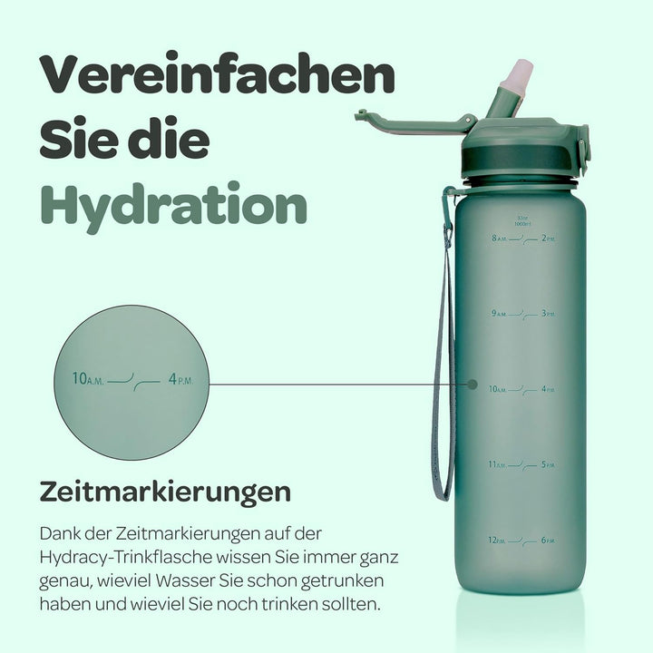 Hydracy Trinkflasche mit Strohhalm und Zeitmarkierung - 1L Wasserflasche - BPA-freie Trinkflasche -
