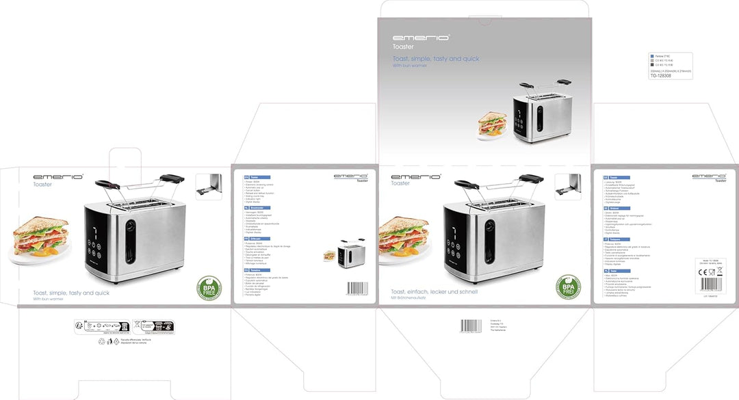 EMERIO Edelstahl Toaster mit grossem Display | 2 Toastschlitze | Zentrierautomatik | Krümelschublade