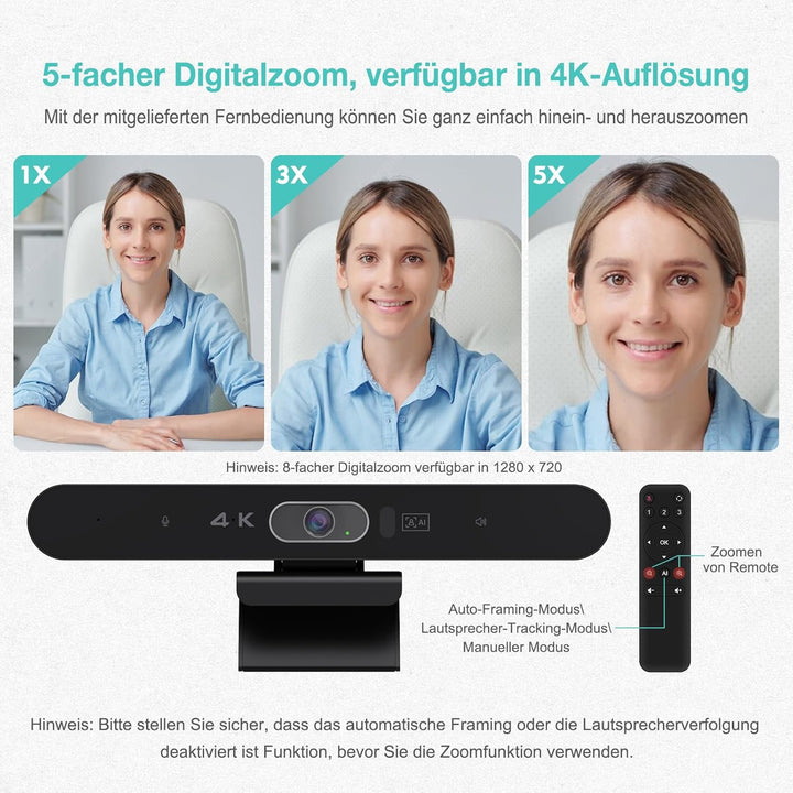 4K Videokonferenz-Webcam mit Mikrofon und Lautsprecher, AI-Powered Kamera für Videokonferenz mit Fer