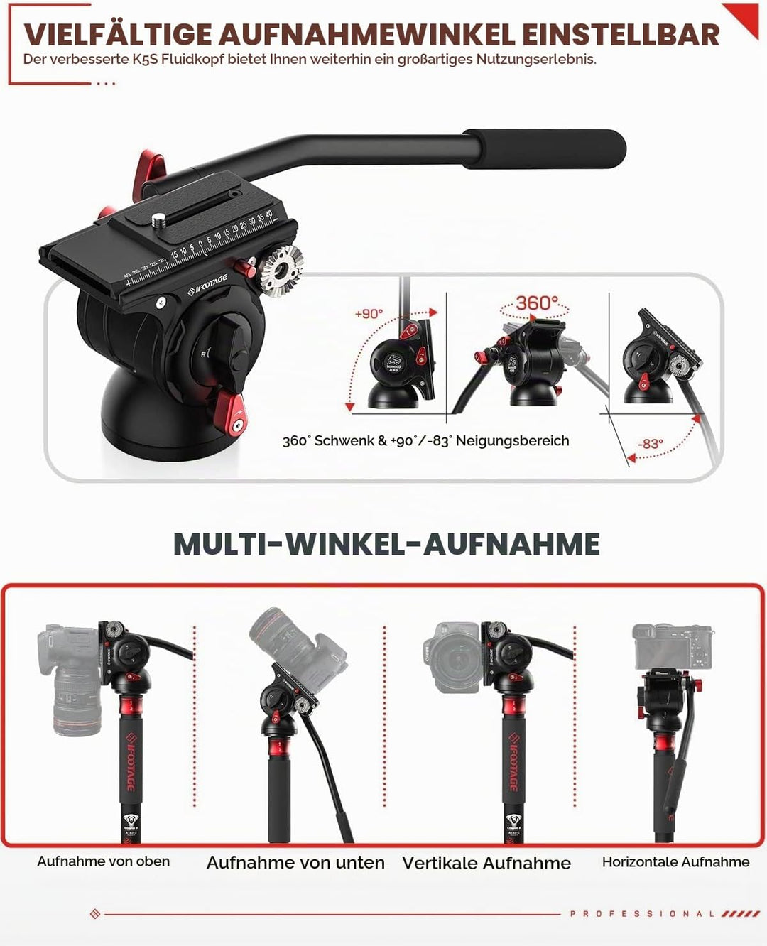 IFOOTAGE Cobra 3 Einbeinstativ Kamera C180F-P, automatische 1/4"- und 3/8"-Schraube, Kohlefaser, mit