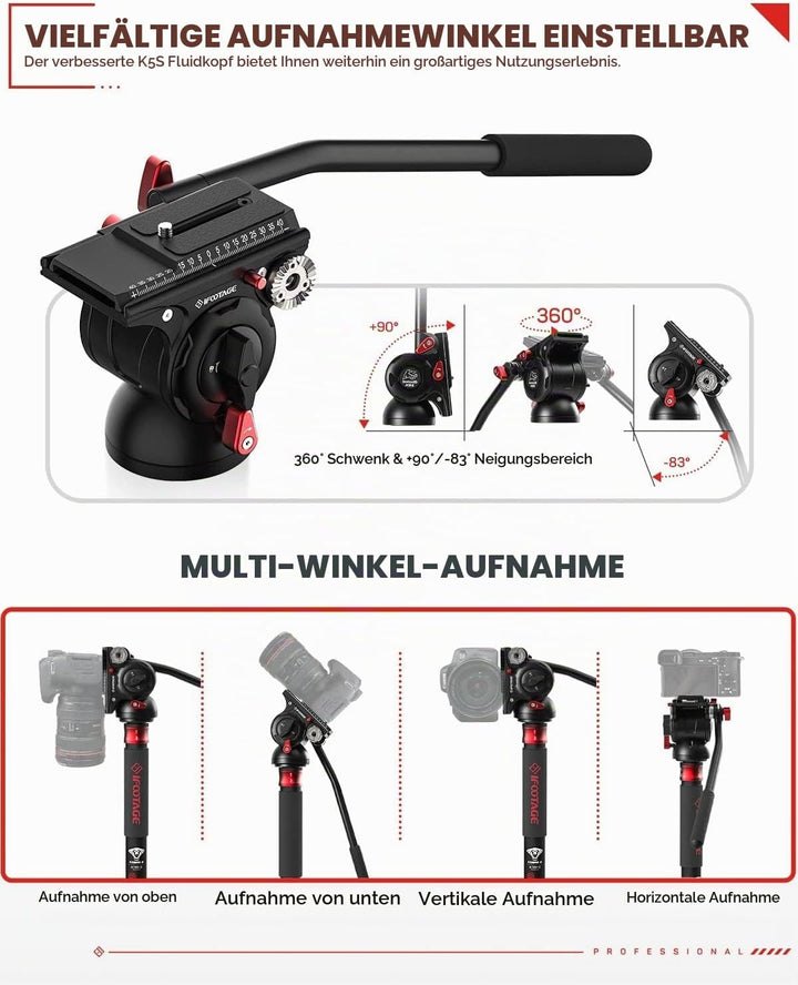 IFOOTAGE Cobra 3 Einbeinstativ Kamera C180F-P, automatische 1/4"- und 3/8"-Schraube, Kohlefaser, mit