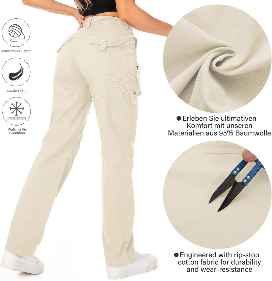 Cargohose Damen Hosen Multi Taschen Wanderhose Outdoorhose Baumwolle Arbeitshose Jogginghose Relaxed