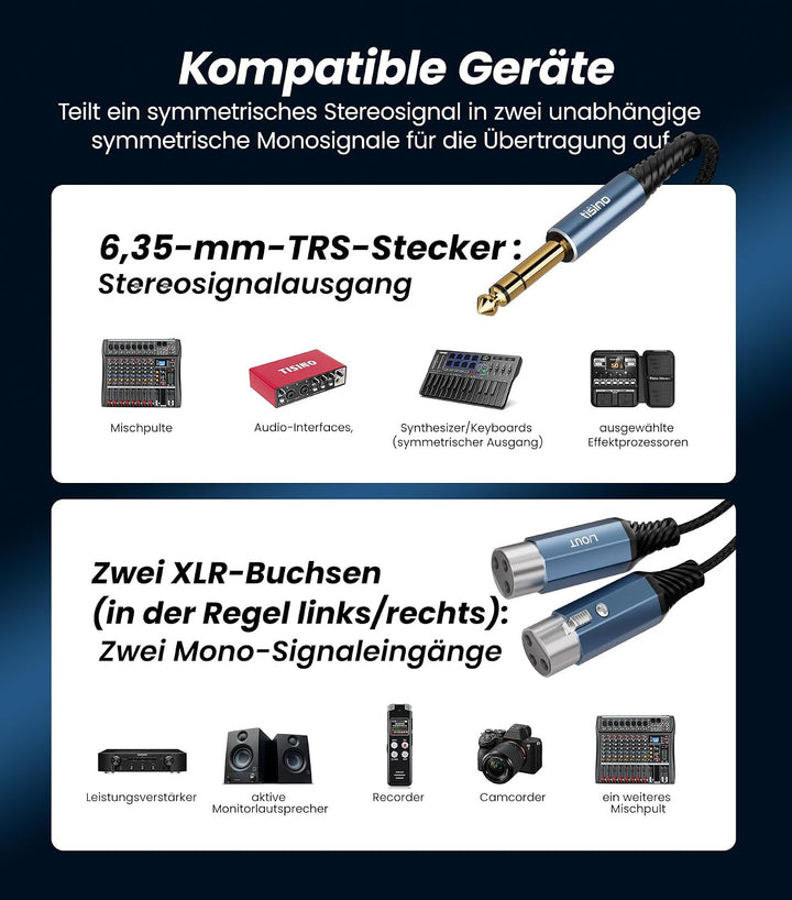 Tisino 2 Buchse XLR auf klinke 6,35mm TRS Stereo Y-Splitter Kabel, 3m 3m 6,35mm TRS auf 2 XLR-Buchse