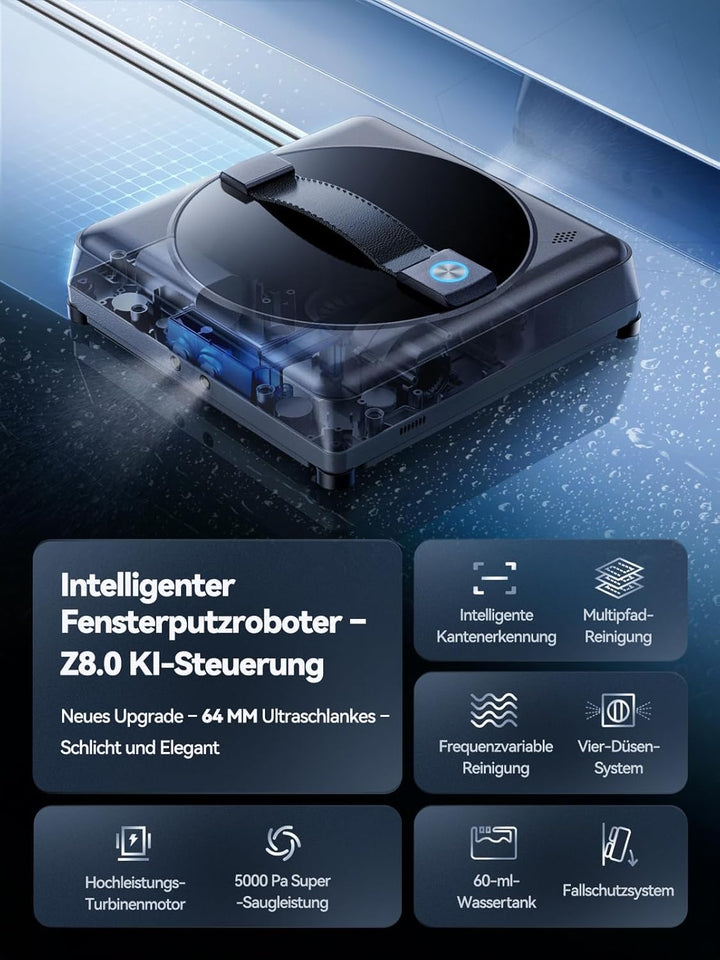 Fensterputzroboter, 5000Pa Mini Fensterroboter, Vier-Düsen-System, 64 MM ultradünn, Randerkennung, 4