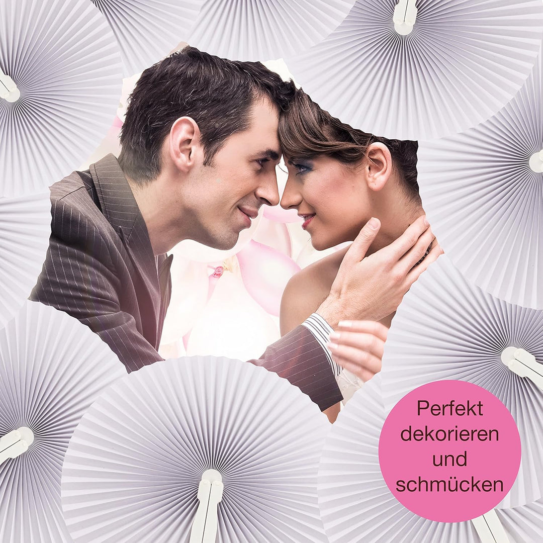 WeddingTree 60x Handfächer Hochzeit - Weiss - Papierfächer Hochzeit mit Griff und Verschluss - Handf