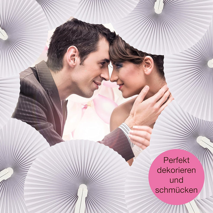 WeddingTree 60x Handfächer Hochzeit - Weiss - Papierfächer Hochzeit mit Griff und Verschluss - Handf