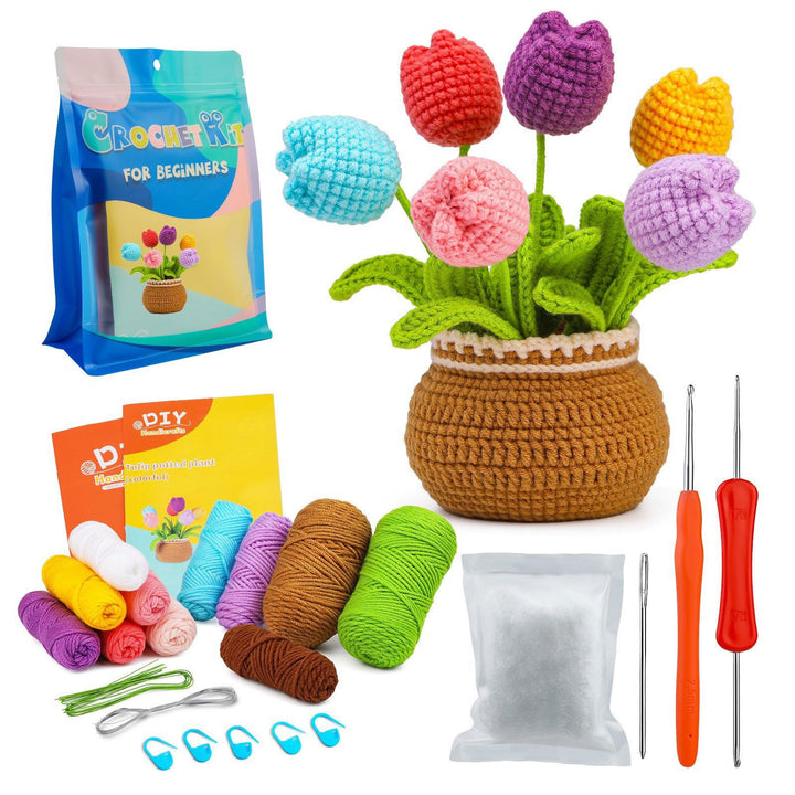 Mecmbj Häkelanfänger-Set, gehäkelte Tulpe, Blumenvasen-Ornament für Damen, Häkelnadel für Anfänger f