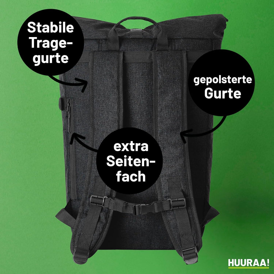 Kurierrucksack Darts Dartpfeil 30-44 Liter Black Melange Fairtrade Rolltop Rucksack Geschenkidee