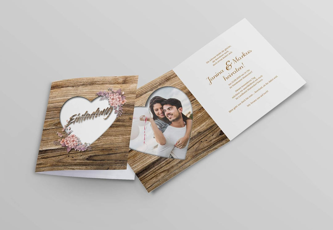 Rustikale Hochzeitskarte – Einladungskarte in Holz-Optik – Vintage Blumen Einladung für deine Hochze