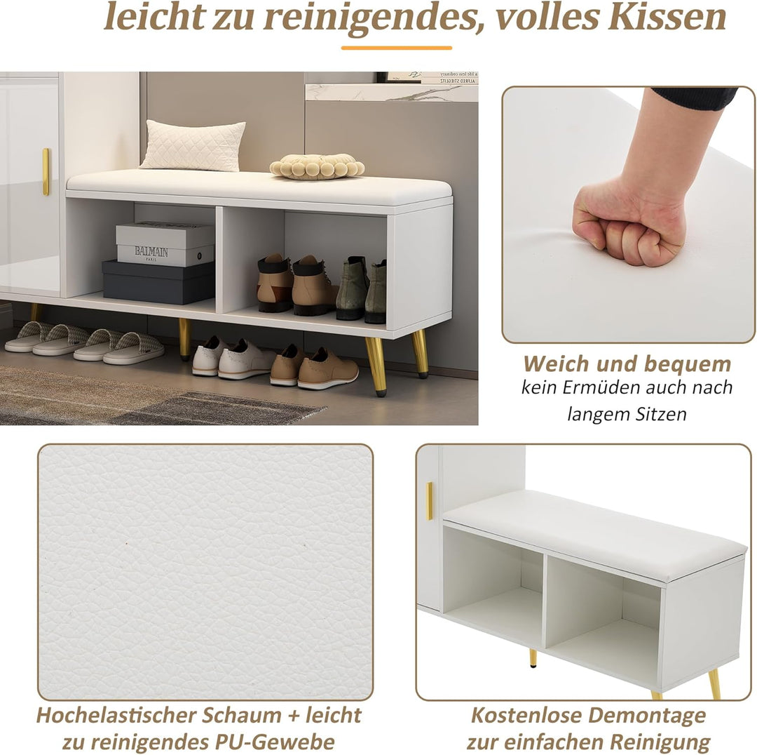 Merax Schuhschrank mit Sitzbank, Schuhbank mit Stauraum, Weisse Hochglanz-Schranktür, gepolsterter S