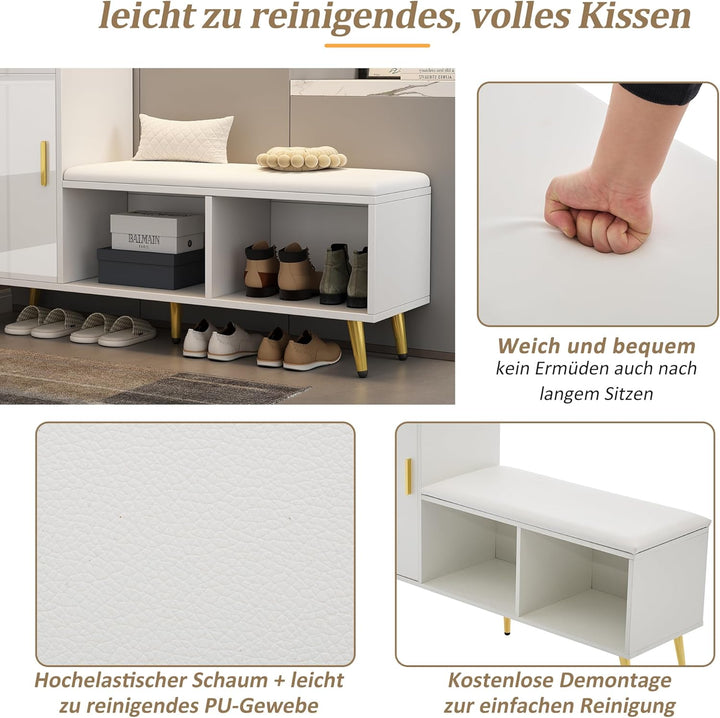 Merax Schuhschrank mit Sitzbank, Schuhbank mit Stauraum, Weisse Hochglanz-Schranktür, gepolsterter S