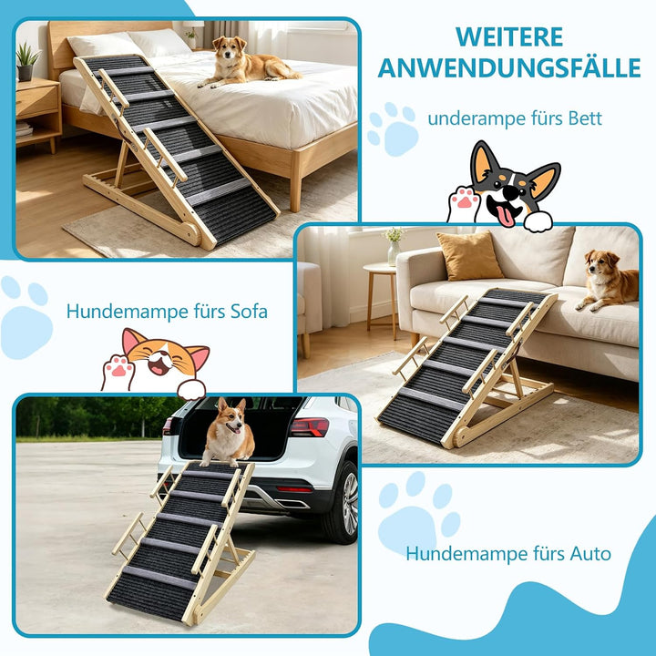 Hunderampe aus Holz, Hundetreppe 6 Stufen Verstellbar 29-66.5cm für Sofa Auto Bett, Treppe für Hunde
