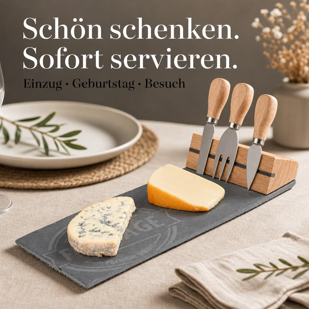MIJOMA 4-TLG Set Holz-Käsebrett mit Käsemesser und Käsegabel, Käseplatte Käsebrettchen, 26 x 37 cm