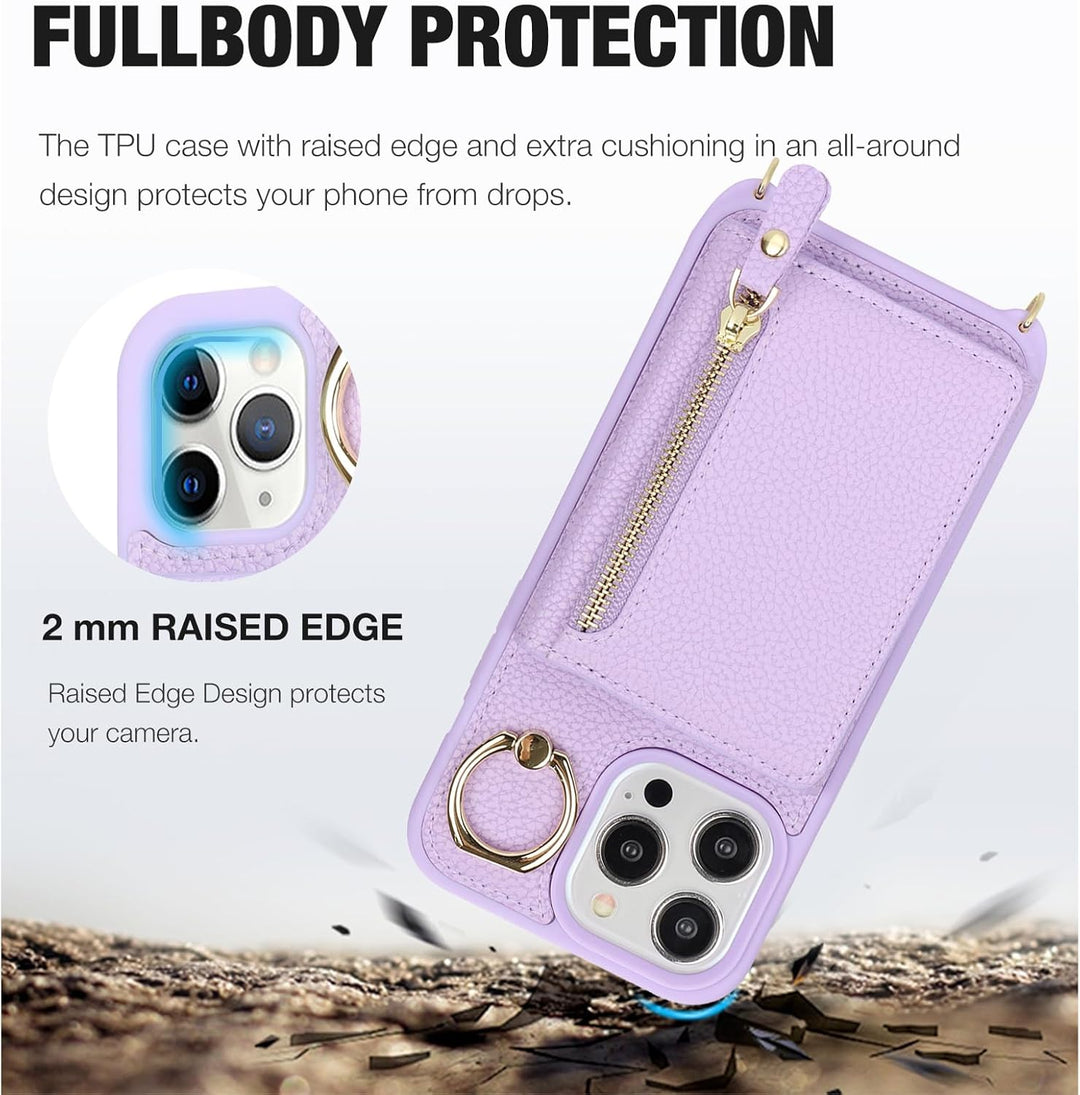 ELTEKER Handyhülle für iPhone 15 Pro Max Hülle mit Band Kartenfach Ringhalterung Geldbörse,Leder Kla