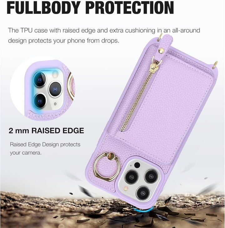 ELTEKER Handyhülle für iPhone 15 Pro Max Hülle mit Band Kartenfach Ringhalterung Geldbörse,Leder Kla