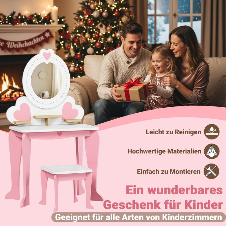Clevich Schminktisch Kinder Set, 2 in 1 Kinderschminktisch mit Spiegel, Aufbewahrungsregale, Schreib