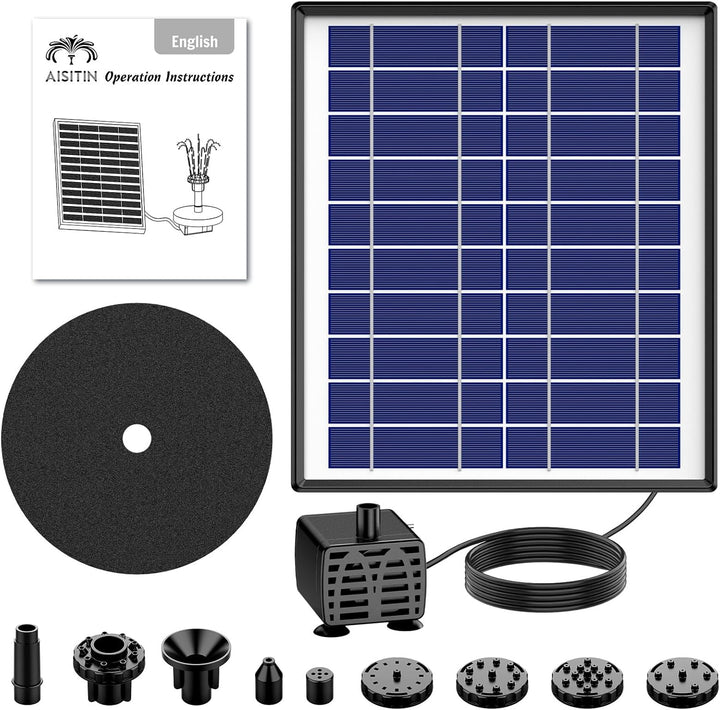 AISITIN Solar Springbrunnenpumpe 6,5 W Panel Backup Solar Wasserpumpe Schwimmender Brunnen 6 Düsen f