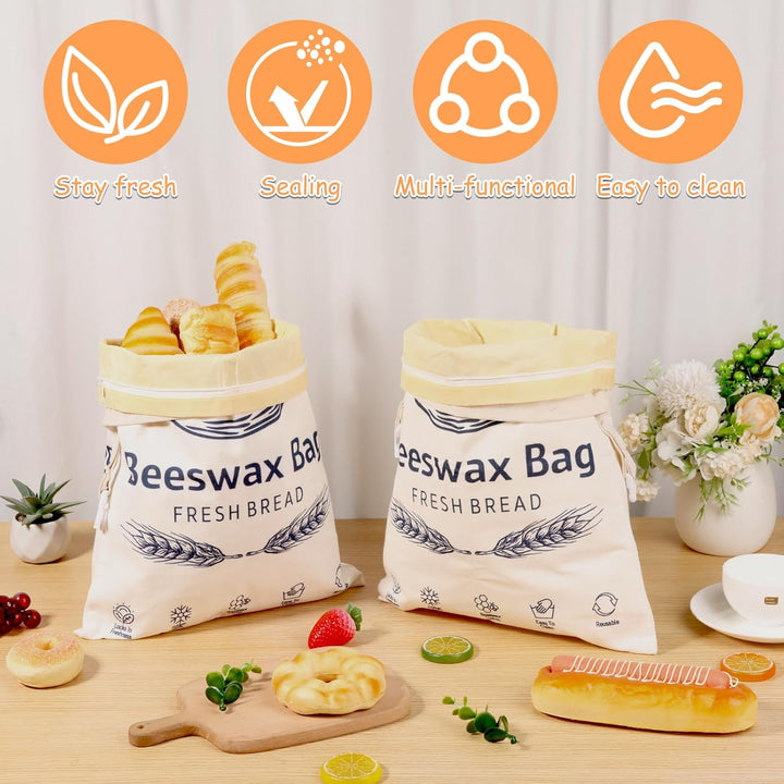 2 Stück Bienenwachs Brotbeutel 43×33cm Leinen Brottüten Beeswax Bread Bag Bio Wiederverwendbare mit