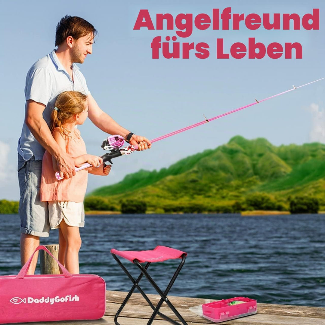 DaddyGoFish Kinder Angelset - Teleskoprute &amp; Rolle Combo mit Klappstuhl, Rutenhalter, Tackle Box, Kö