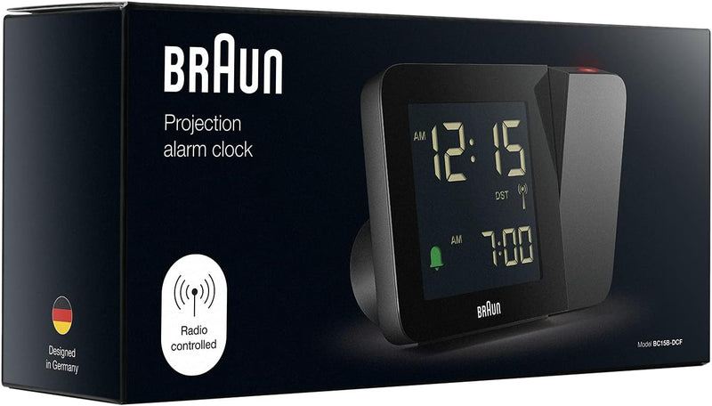 Braun Digitaler Funk-Projektionswecker für die mitteleuropäische Zeitzone (DCF) mit negativem LCD-Di