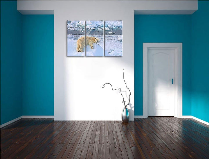 schöner Eisbär auf kleinem Eisberg NewArt 3-Teiler Leinwandbild 120x80 Bild auf Leinwand, XXL riesig