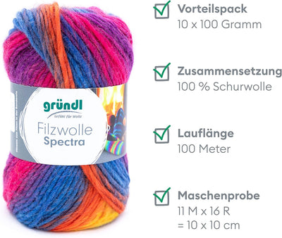 Gründl Wolle Filzwolle Spectra, (OEKO-TEX zertifiziert, 100% Schurwolle zum Filzen, 100 g / 100 m, 1