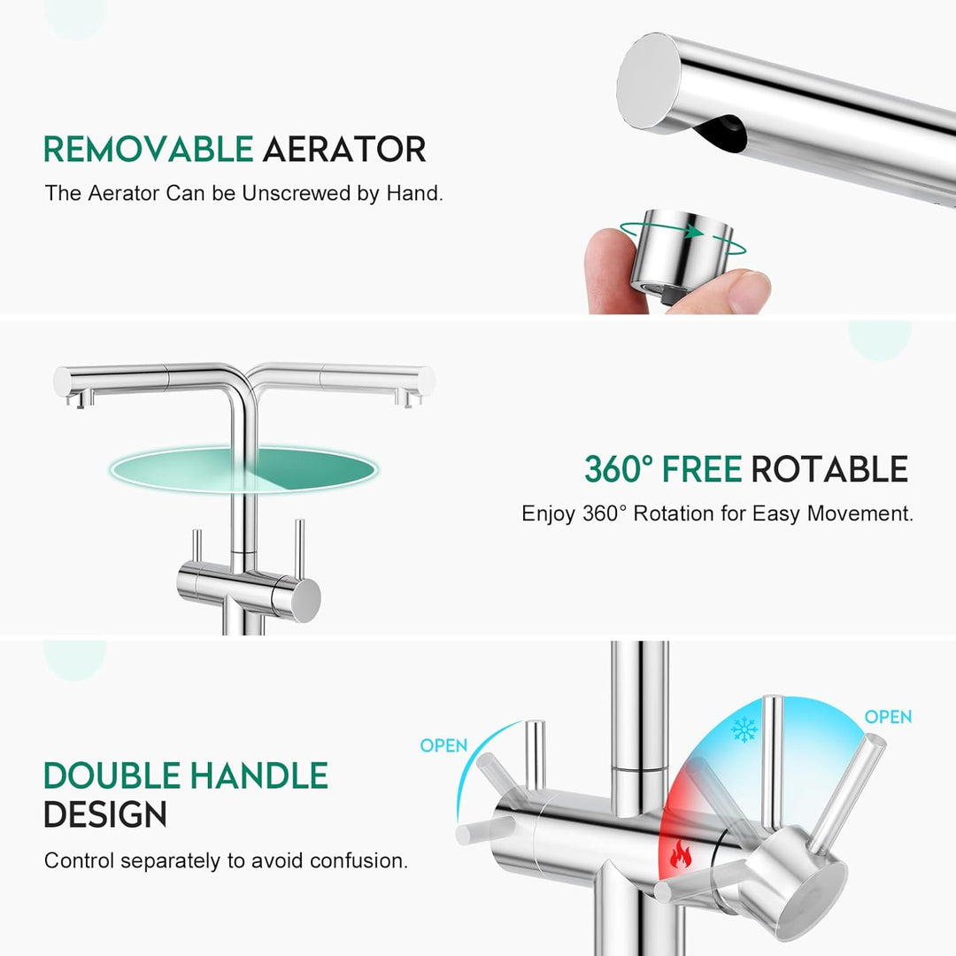 CREA 3 Wege Wasserhahn Küche mit Brause, 360° Drehbar Küchenarmatur, Drei Wege Mischbatterie für Was