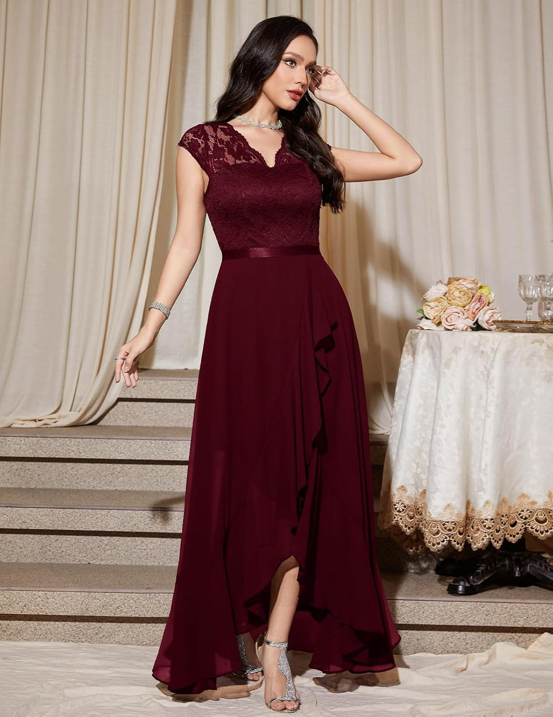 Bbonlinedress Abendkleider elegant für Hochzeit Spitzenkleid Chiffon Hi-Lo Kleid Brautjunferkleid Pa