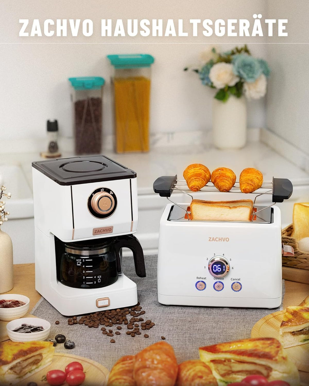 Toaster 2 Scheiben, ZACHVO Toaster mit Brötchenaufsatz, 6 Bräunungsstufe, 850W Herausnehmbare Krümel