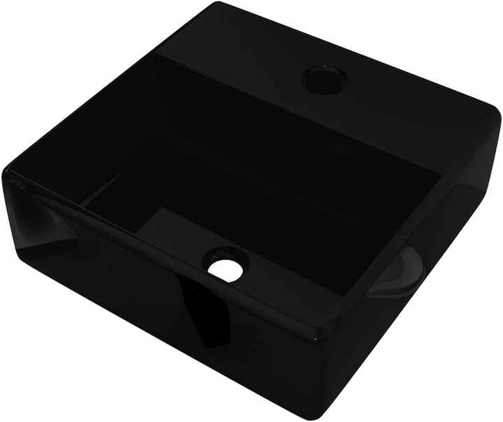 Keramik Waschbecken mit Hahnloch Schwarz Quadratisch 38x30x11,5 CM Aufsatzwaschbecken Eckig Badezimm