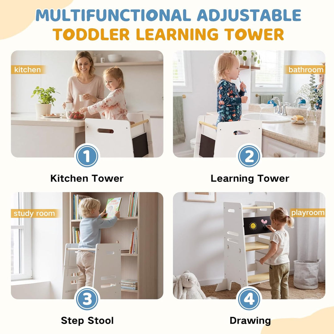 Labebe Montessori Lernturm ab 1 Jahr, 3-in-1 Learning Tower mit Tafel & Sitzbrett, 3-Fach höhenverst