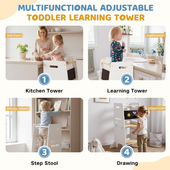 Labebe Montessori Lernturm ab 1 Jahr, 3-in-1 Learning Tower mit Tafel & Sitzbrett, 3-Fach höhenverst