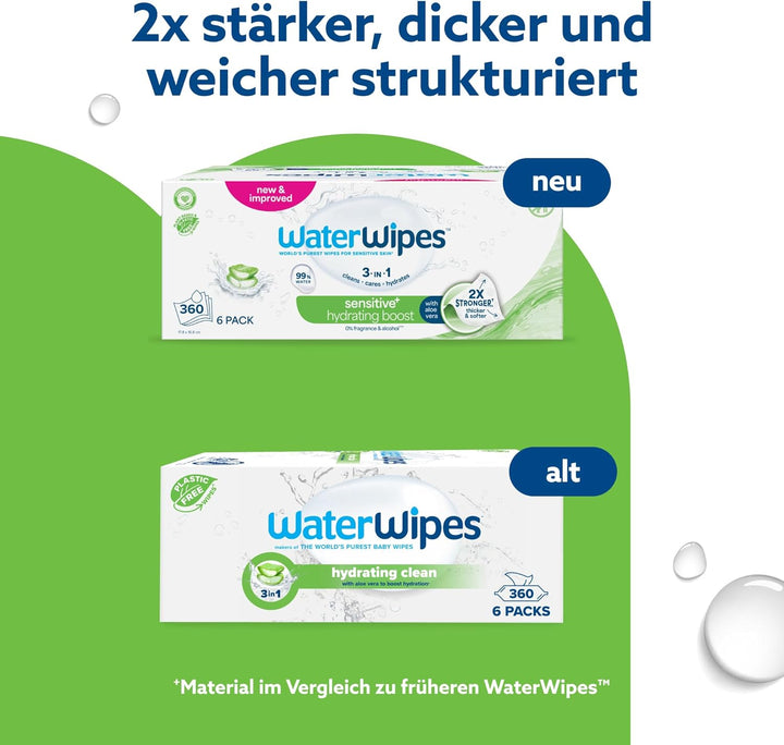 WaterWipes Sensitive+ Hydrating Boost Wipes, Feuchtigkeitsspendende Tücher, 360 Stück (6 Packungen),