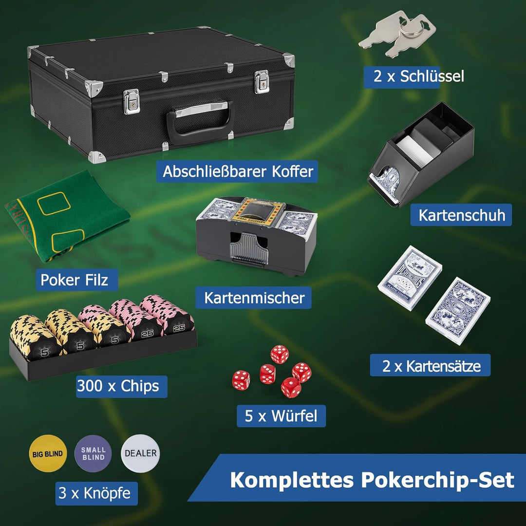 GOPLUS 300 Stück Pokerset, Pokerkoffer mit 2 Kartendecks & 5 Würfel & 3 Dealer-Buttons & Pokertuch &