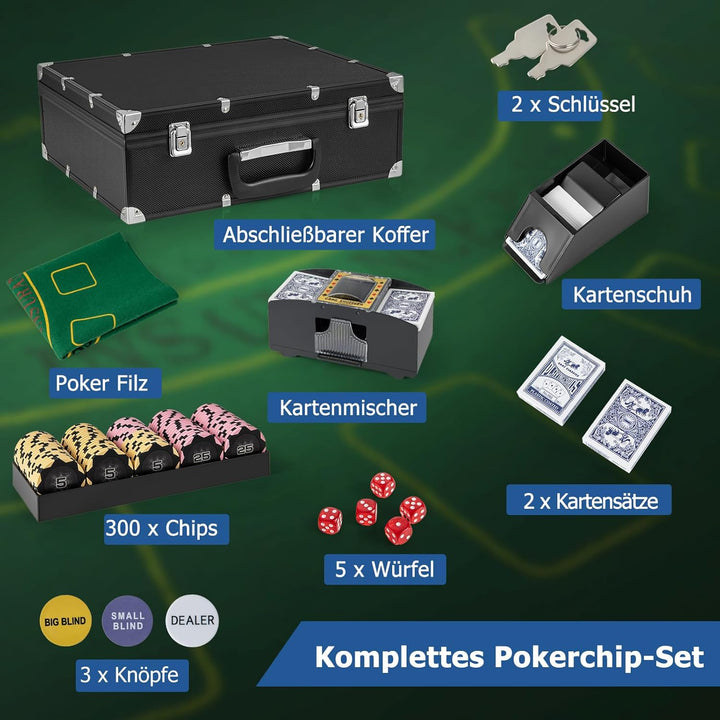 GOPLUS 300 Stück Pokerset, Pokerkoffer mit 2 Kartendecks & 5 Würfel & 3 Dealer-Buttons & Pokertuch &