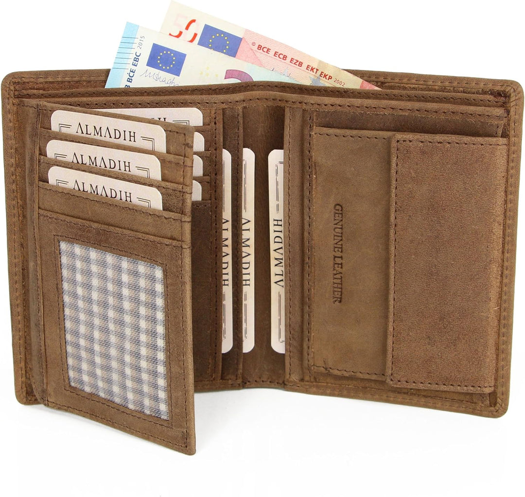 ALMADIH Leder Portemonnaie Hochformat RFID Schutz 12 Kartenfächer Rindsleder mit Geschenkbox (P1H-BV