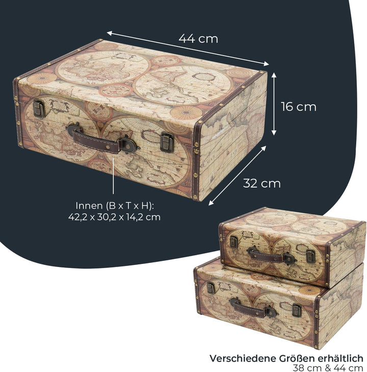 HMF VKO104 Vintage Koffer aus Holz | 44 x 32 x 16 cm | Gross | Deko Weltkarte Farbe 44 cm Weltkarte