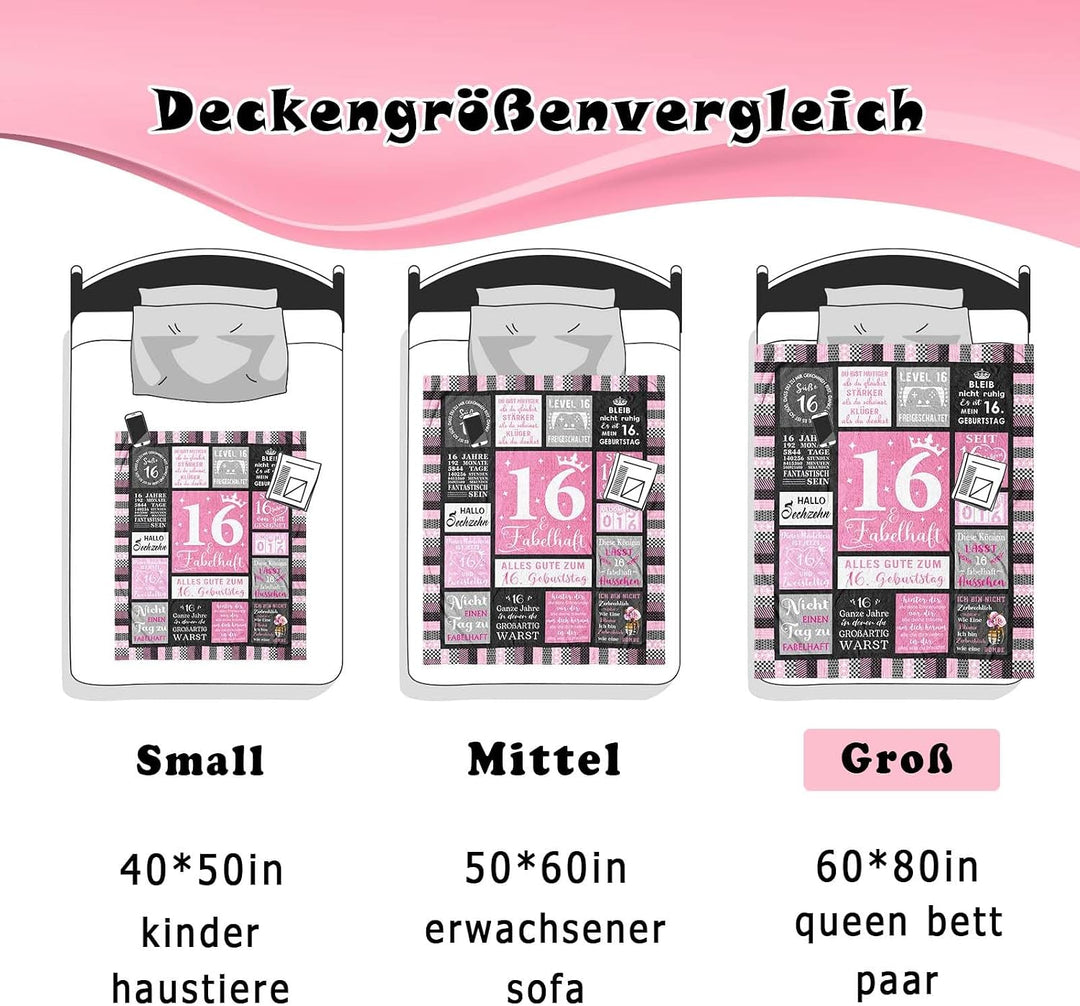 Geschenke für 16 Jährige Mädchen, Sweet 16, Deko 16 Geburtstag Mädchen, 16 Jahre Teenager Decke 200x