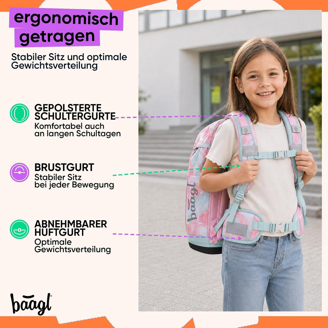 Baagl Airy Plus Schulranzen-Set 5-teilig, 25 l, ab 130 cm (Sunset) | Isoliertes Snackfach; Magnetver