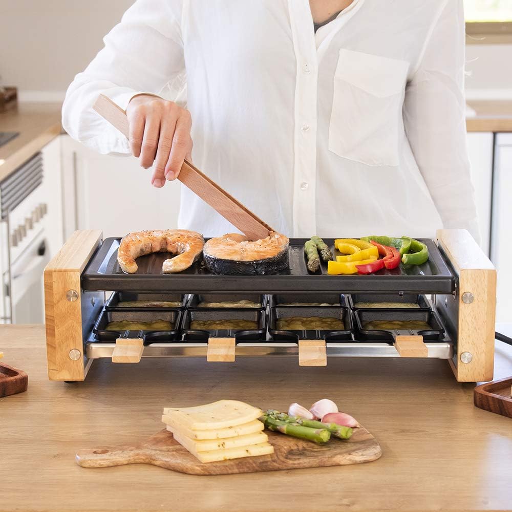 Cecotec Holz Raclette Käse & Grill 8200 Holz Schwarz. 1200 W, Grillfläche, 8 Einzelpfannen, Antihaft