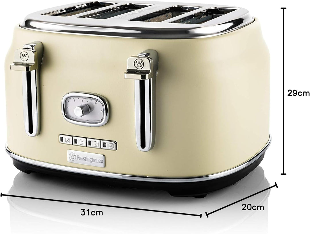 Westinghouse Retro Toaster 4 Scheiben, Abnehmbarer Brötchenaufsatz, 6 Bräunungsstufen, Brotzentrieru