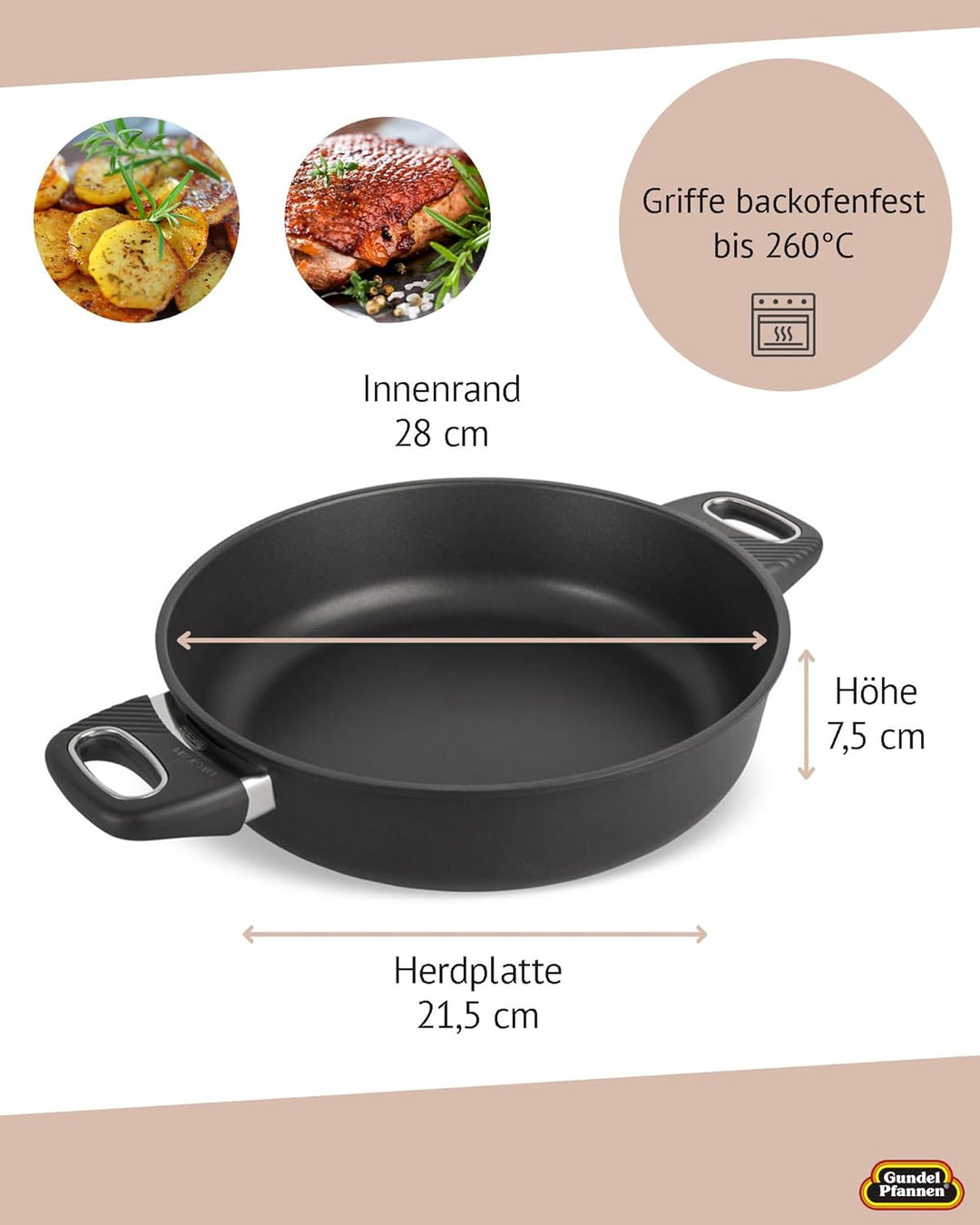 Set Original Gundel GUSS-KASSEROLLE INDUKTION, Servierpfanne Ø 28 cm mit Glasdeckel, Höhe 7,5 cm, BI