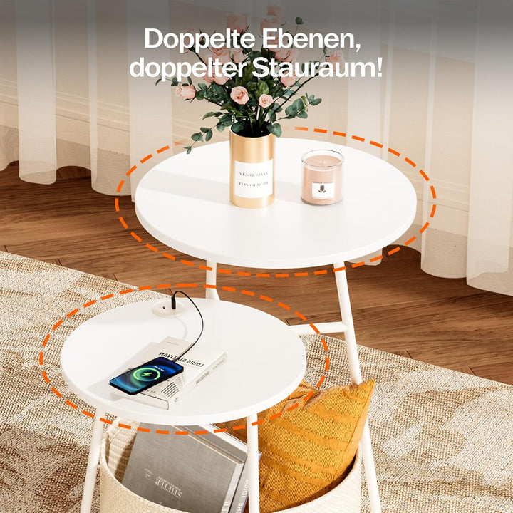 Rolanstar Beistelltisch Rund, Kleiner Tisch mit Ladestation, Runder Couchtisch mit grossem Stoffkorb