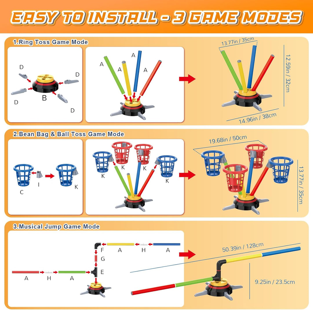VATOS 3-in-1 Bohnensack- & Ringwurf-Spiel, Musikalische Sprünge für Kinder, Elektrische Drehbasis mi